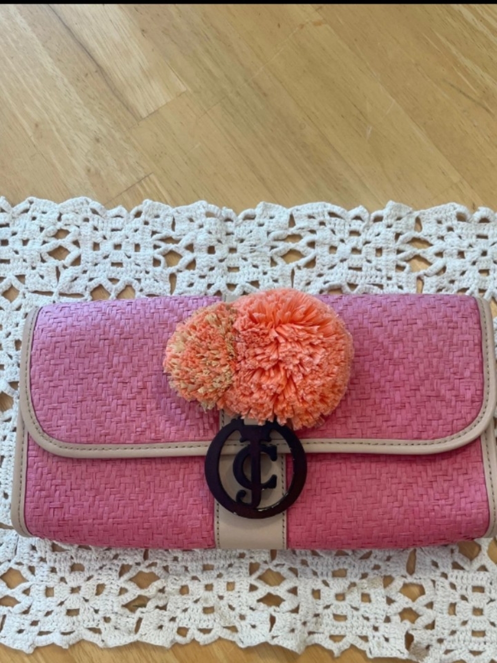 Juicy Couture Pink Woven Clutch with Peach Pom Pom